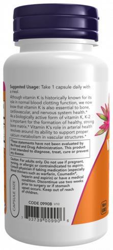 NOW Vitamin K-2 100 mcg, Витамин К-2 100 мкг, 100 капсул