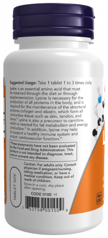 NOW L-Lysine 500 mg, L-Лизин 500 мг, 100 таблеток