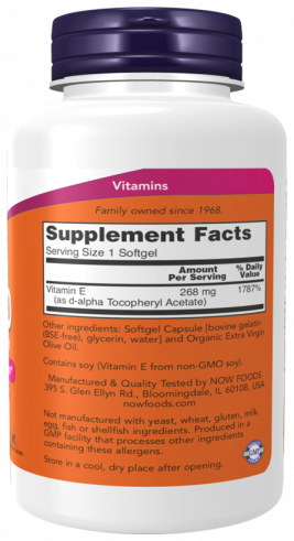 NOW Vitamin E-400 D-Alpha Tocopheryl, 250 капсул